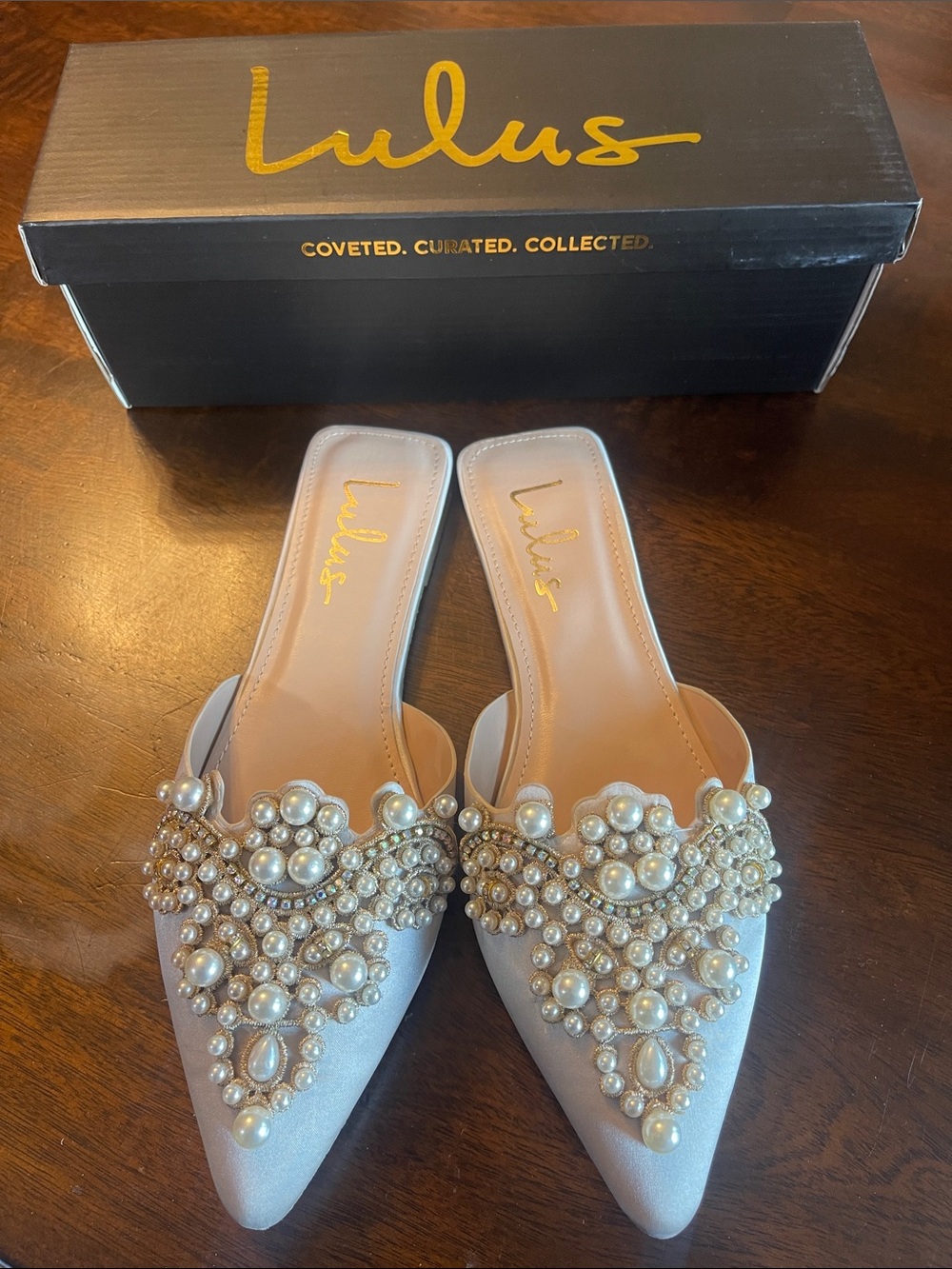 Lulu's Ivory Pearl Embellished Pointed Slip-On Mules